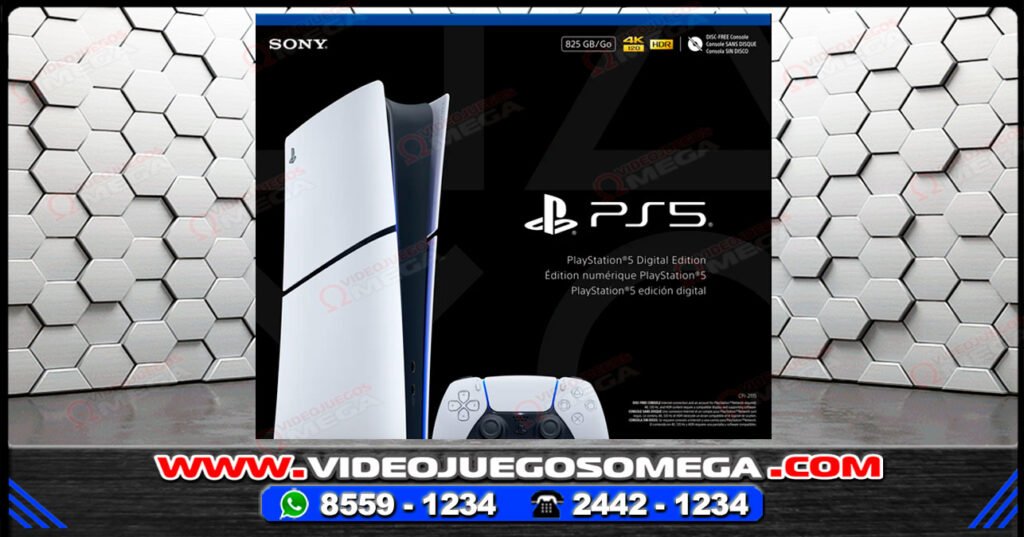 Consola PS5 Slim Digital 1TB Blanco con control DualSense. Compra en Costa Rica con Videojuegos Omega.