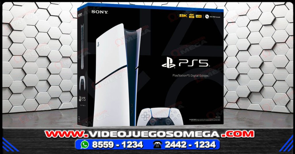 Consola PS5 Slim Digital 1TB Blanco con control DualSense. Compra en Costa Rica con Videojuegos Omega.